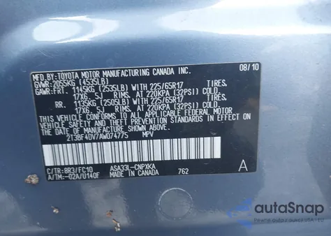 2010 Toyota Rav4 из США, поврежденный, VIN 2T3BF4DV7AW074775